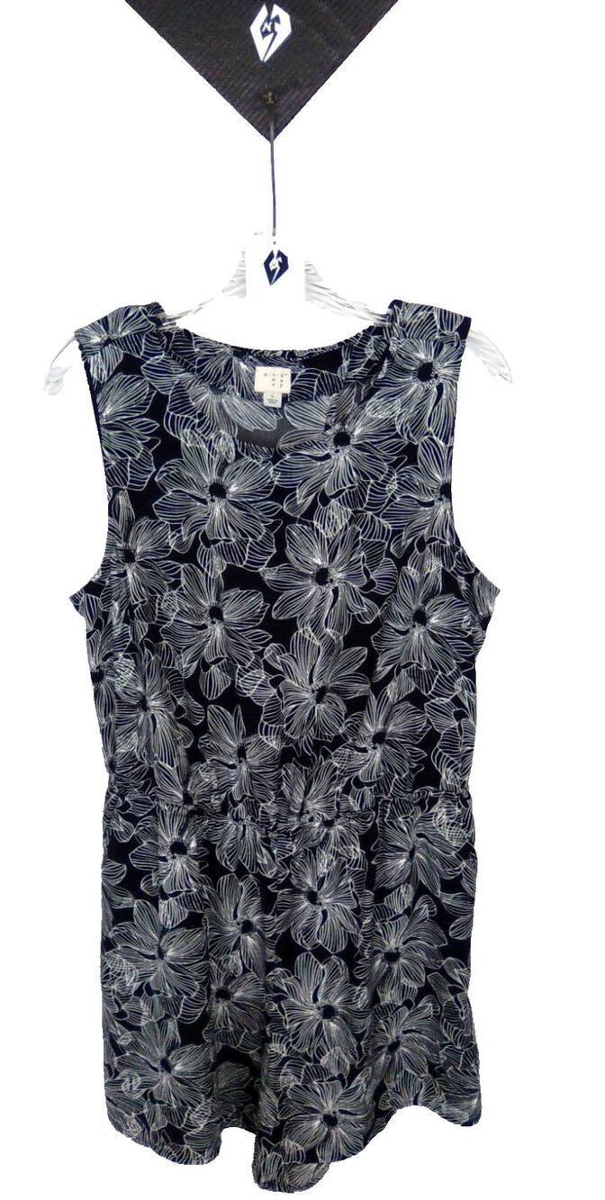 New Day Women's Soft Silky Black & White Floral Print Summer Tank Short Romper L